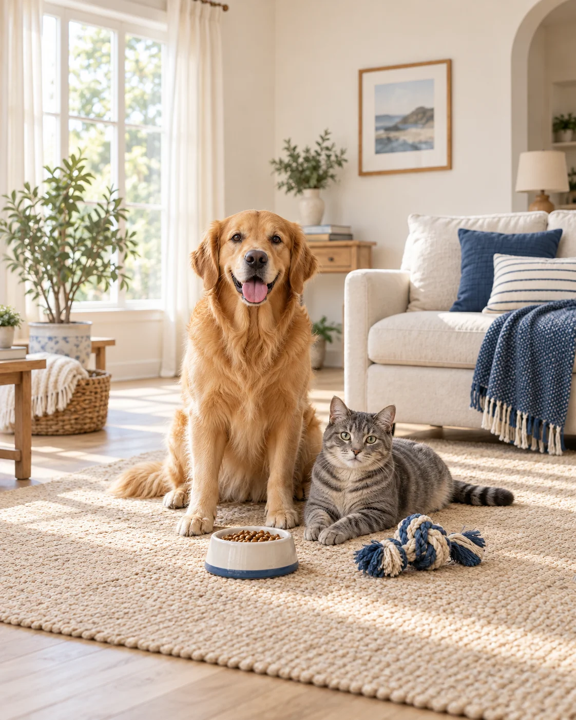 Golden Retriever und getigerte Katze neben einem Futternapf und einem blau-cremefarbenen Spielseil in einem hellen Wohnzimmer